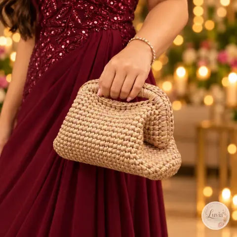 Chunky Crochet Dumpling Clutch Bag — Metallic Rose Gold, photo 2