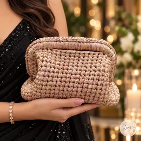 Chunky Crochet Dumpling Clutch Bag — Metallic Rose Gold, photo 3